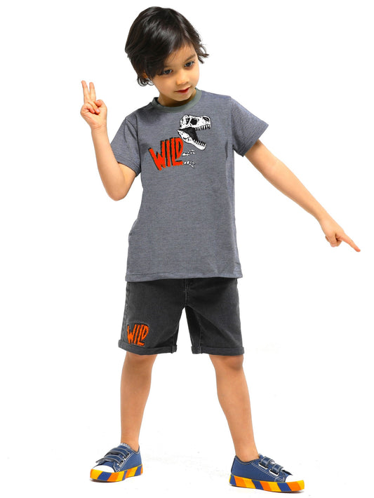 Ensemble Garçon T-Shirt Gris Dino + Short Denim Anthracite "Wild" (3–10 Ans)