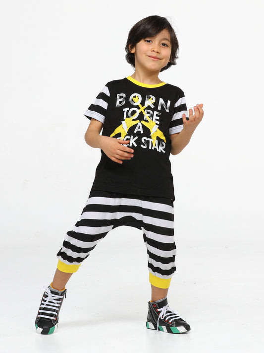 Ensemble Garçon Rock Star – T-shirt Noir & Jogging Rayé (3 à 10 Ans)
