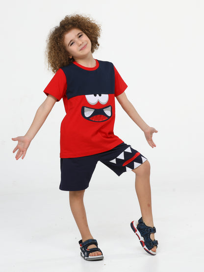 Ensemble Garçon “Monster Red” – Rouge & Bleu Marine, Motif Monstre Brodé (3–9 Ans)