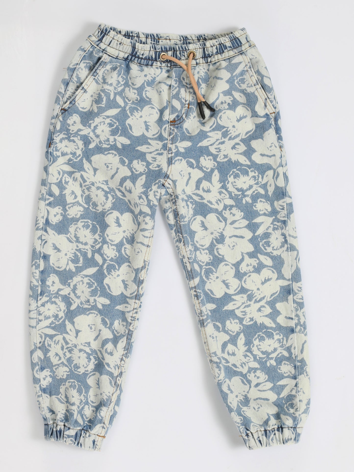 Girls' Jogger Denim Pants with Laser Floral Print