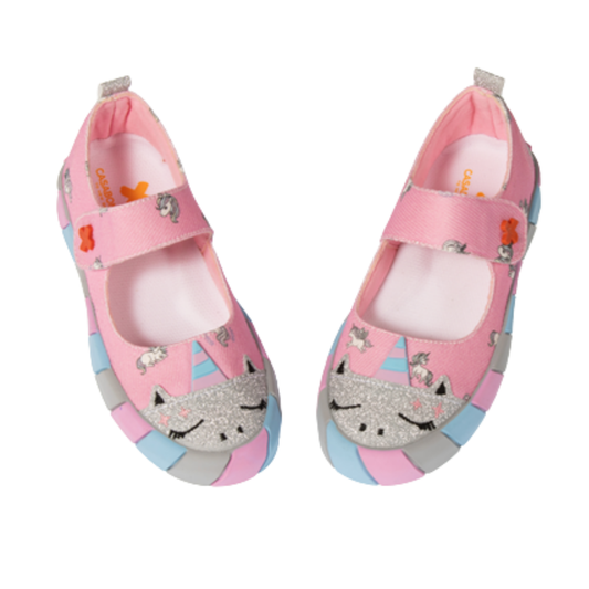Ballerines Fille Licorne en Toile Rose – Imprimé 3D, Semelle Lumineuse