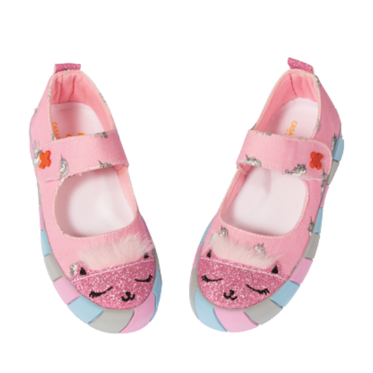 Ballerines Fille Rose Chat en Toile – Broderie 3D, Semelle Lumineuse