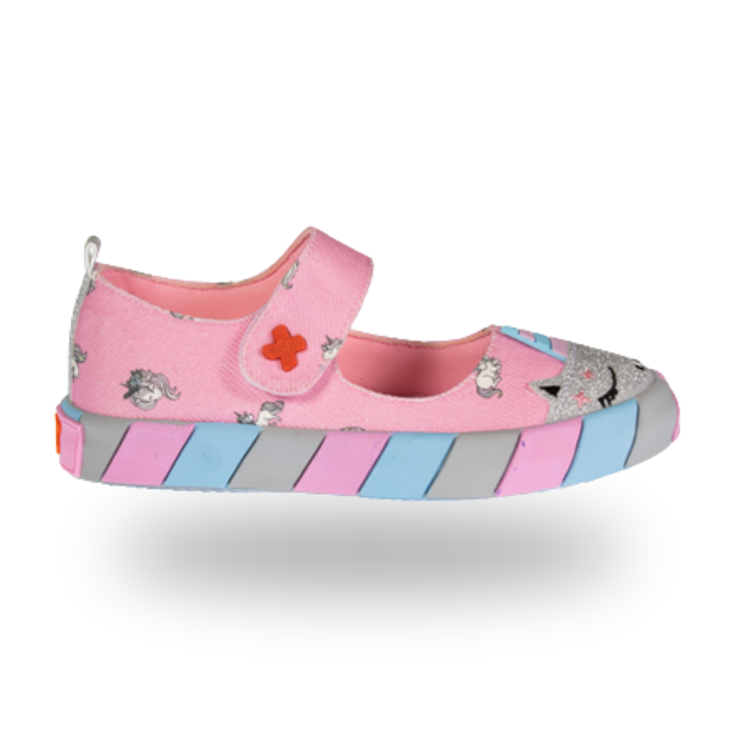 Ballerines Fille Licorne en Toile Rose – Imprimé 3D, Semelle Lumineuse