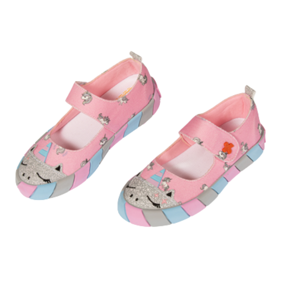 Ballerines Fille Licorne en Toile Rose – Imprimé 3D, Semelle Lumineuse