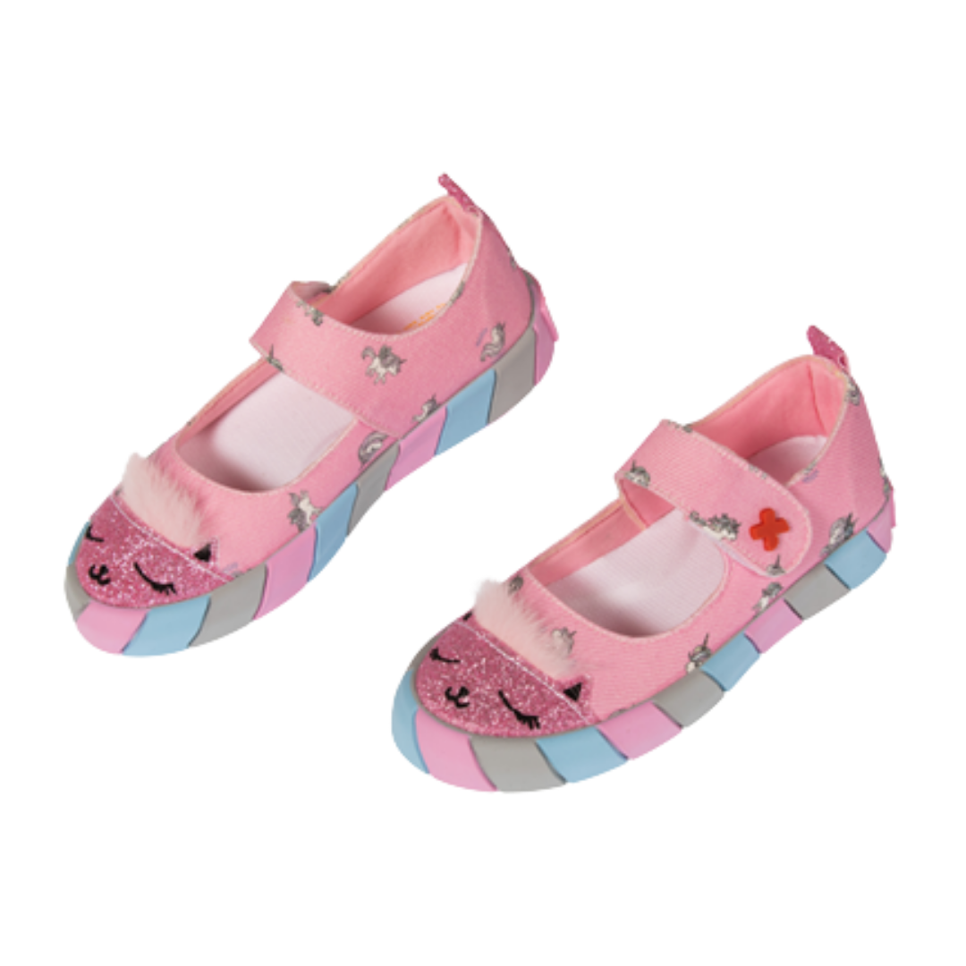 Ballerines Fille Rose Chat en Toile – Broderie 3D, Semelle Lumineuse