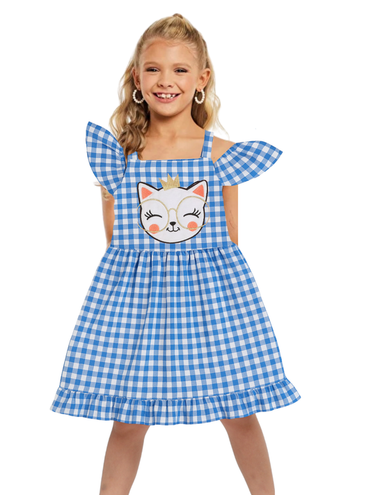 Robe à Carreaux Bleue Fille – Bretelles Volants & Chat Brodé (3–10 Ans)
