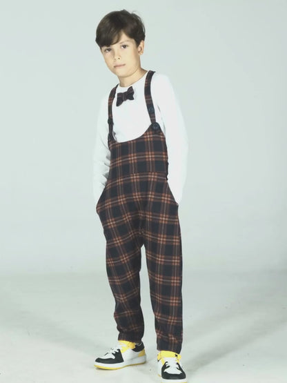 Checkered Jacquard Baggy Overalls and Bow Tie T-Shirt