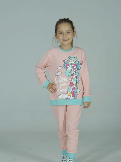 Colorful Giraffe Printed Pink Girls' Tracksuit