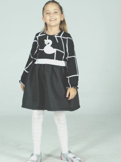 Girls' Ruffled Dress with Swan Appliqué