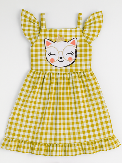 Robe Fille à Carreaux Jaune – Bretelles Volants & Chat Brodé (3–10 Ans)