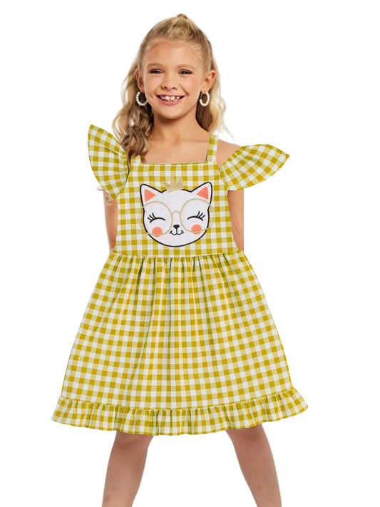 Robe Fille à Carreaux Jaune – Bretelles Volants & Chat Brodé (3–10 Ans)